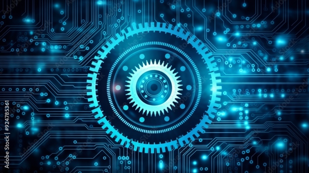 A blue and white computer screen with a gear in the center A blue and white computer screen with a gear in the center