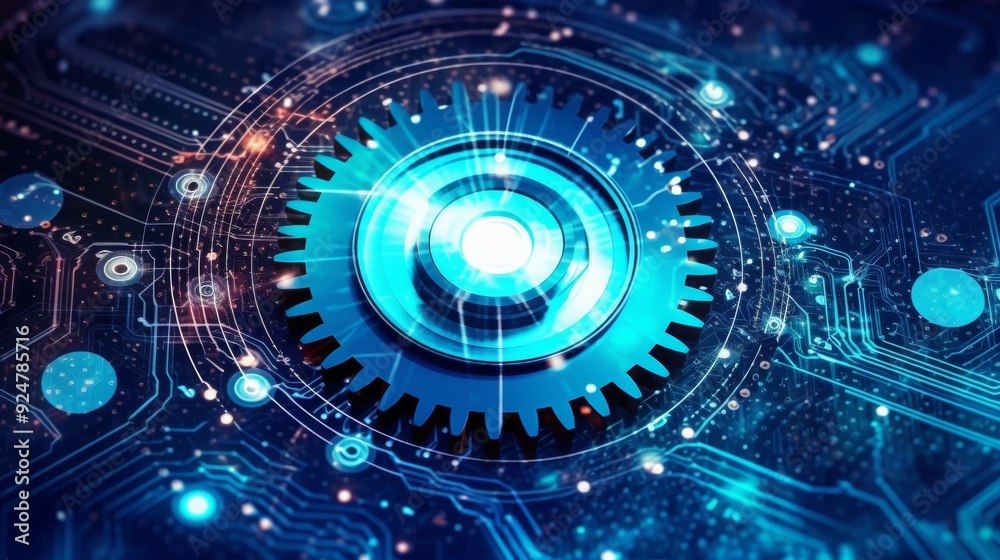 A blue gear with a white center is surrounded by a colorful background A blue gear with a white center is surrounded by a colorful background