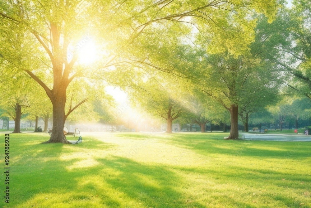 Sunrise in the park with green trees and grass Sunrise in the park with green trees and grass