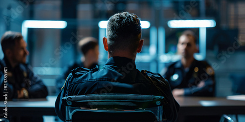 Three police officers are sitting at a table, one of them is facing the camera and two of them are facing away.
