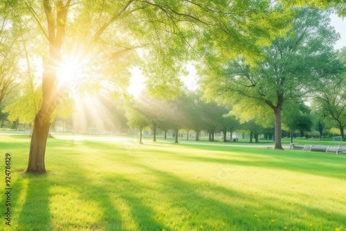 Sunrise in the park with green trees and grass