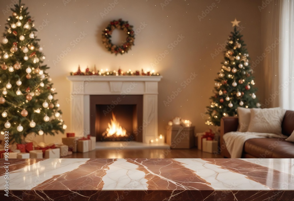 Christmas background of marble table top with abstract warm living room decor Christmas background of marble table top with abstract warm living room decor