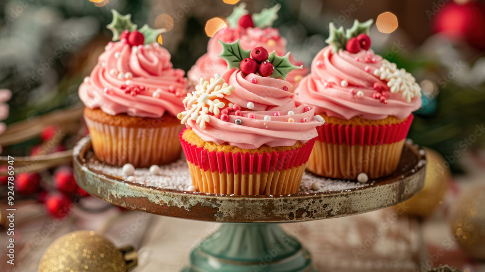 Christmas Themed Cupcakes on a Cake Stand Christmas Themed Cupcakes on a Cake Stand