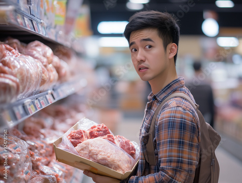Sad and disappointed asian man shopping in the retail grocery supermarket stoure.