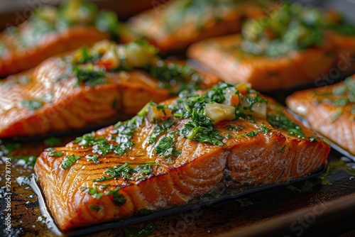 Grilled salmon fillets garnished with herbs and spices, ready for serving.