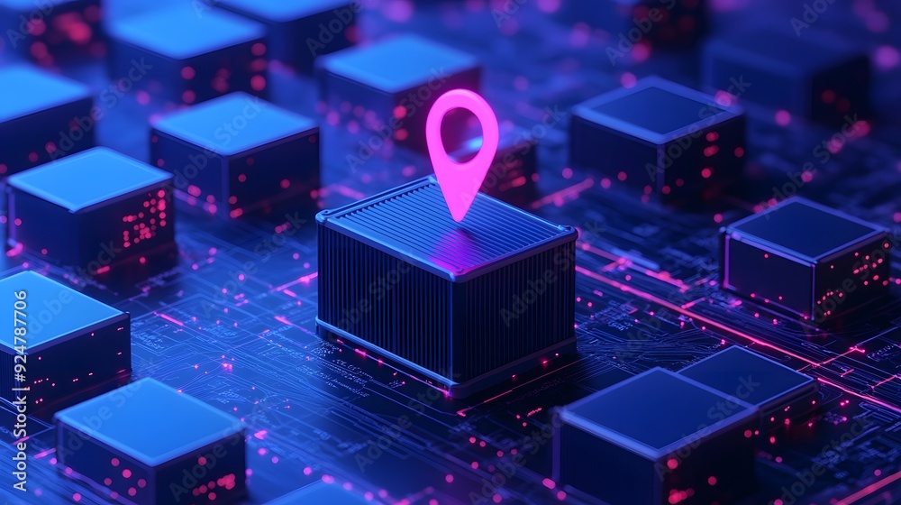 Digital representation of data server technology with a location icon indicating a cyber or GPS connection, illuminated in blue and pink hues. Digital representation of data server technology with a location icon indicating a cyber or GPS connection, illuminated in blue and pink hues.