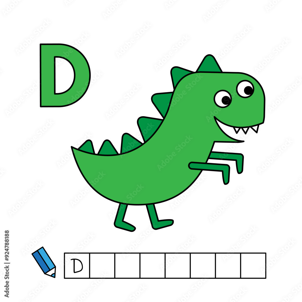 Obraz premium Alphabet with cute cartoon animals isolated on white background. Learning to write game for children education. Vector illustration of dinosaur and letter D