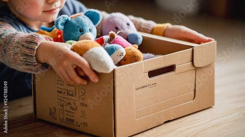Cardboard donation box full with old toys. Concept of charity, decluttering, recycling. Helping children