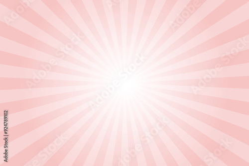 Pink sun ray vector background. Radial beam sunrise or sunset light retro design illustration. Light sunburst glowing baby pink background.	