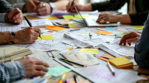 An inspiring low angle view of a creative office table, covered in brainstorming materials, sketches, and documents, with hands actively participating in the discussion.