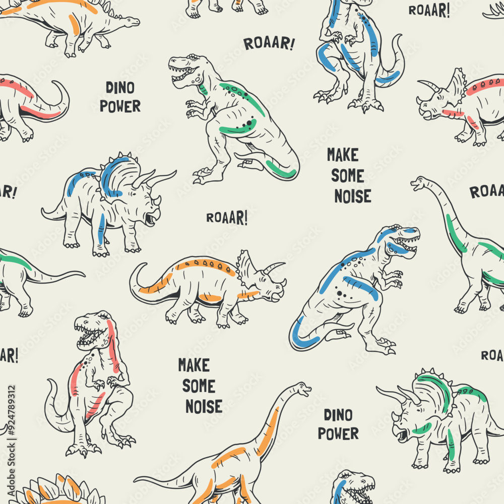 custom made wallpaper toronto digitalSeamless vector pattern with playful dinosaurs like T-Rex and Triceratops, with text elements like "Roar!" and "Dino Power." Perfect for kids' apparel, wallpapers, and themed designs.