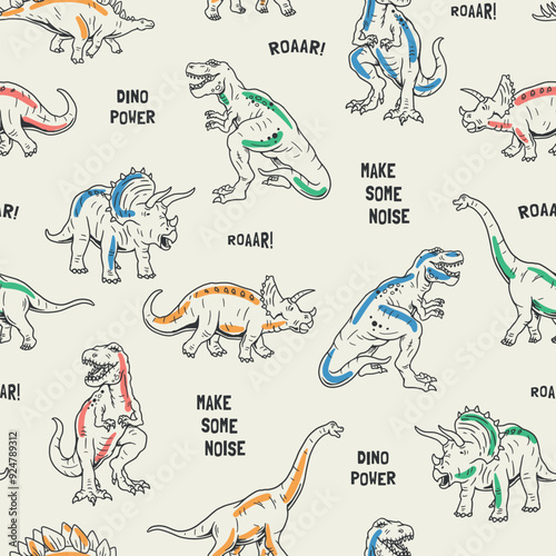 Seamless vector pattern with playful dinosaurs like T-Rex and Triceratops, with text elements like "Roar!" and "Dino Power." Perfect for kids' apparel, wallpapers, and themed designs.