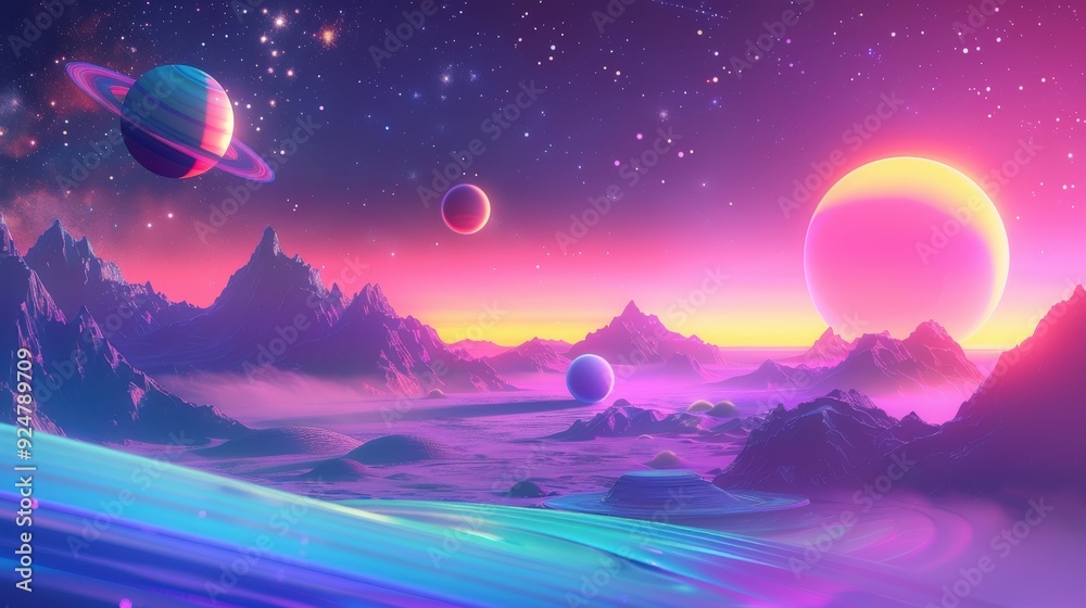 Fototapeta premium A celestial landscape with planets and stars in vivid colors