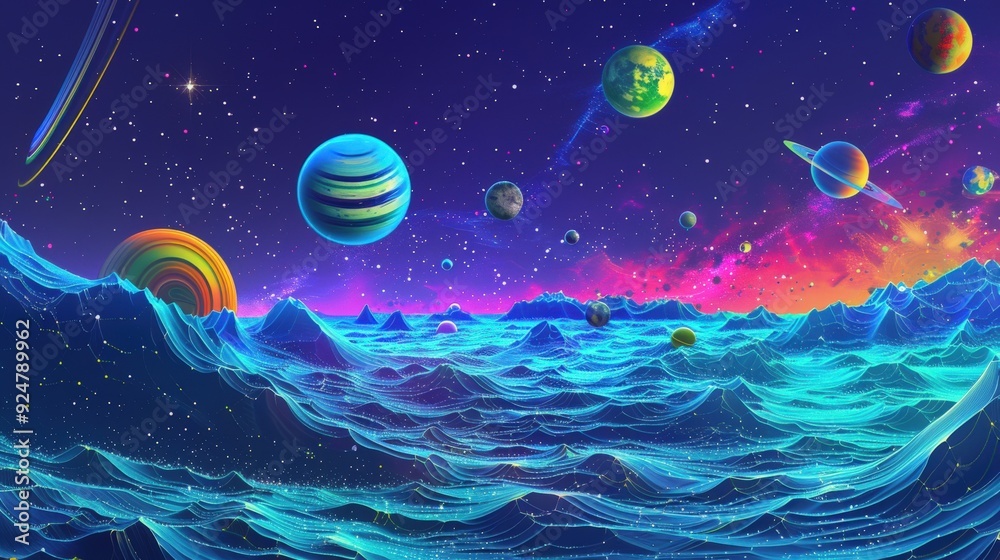 A celestial landscape with planets and stars in vivid colors A celestial landscape with planets and stars in vivid colors