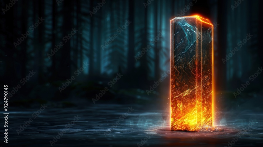 An ancient relic glowing with a mysterious energy in a dark forest An ancient relic glowing with a mysterious energy in a dark forest