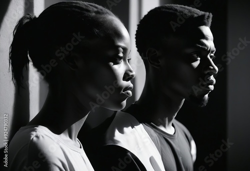 Dramatic profile of two young black people looking away