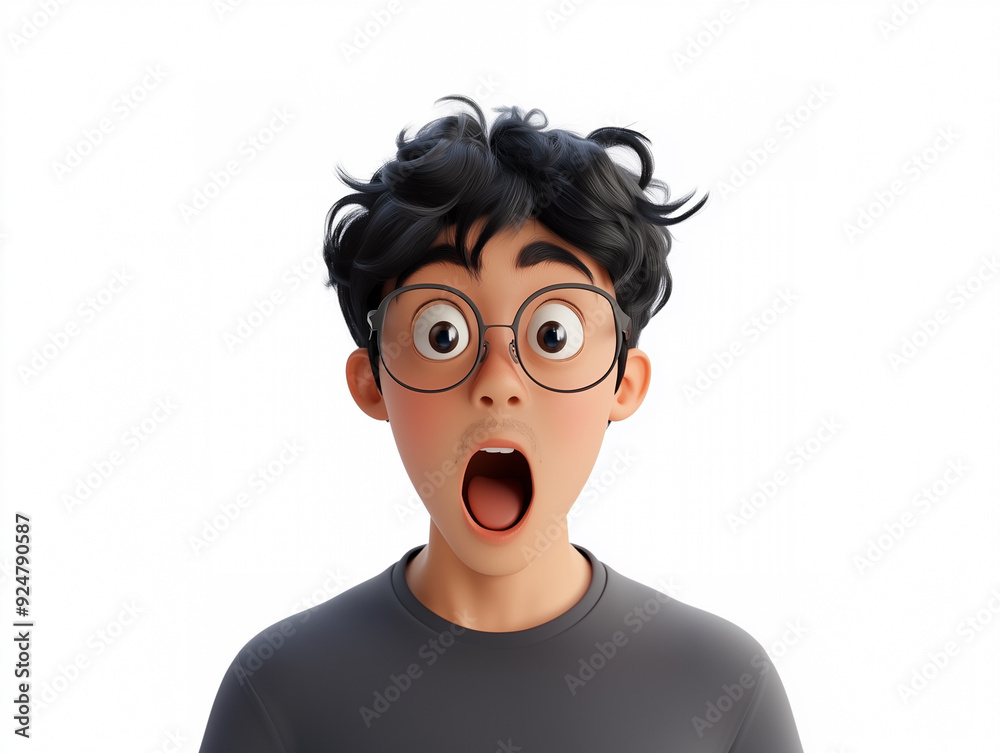 Portrait of wow shocked left side face asian man, isolated on white, cartoon 3d rendered style. Portrait of wow shocked left side face asian man, isolated on white, cartoon 3d rendered style.