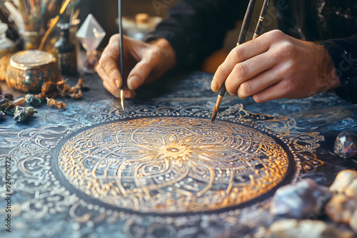 Close-up of hands working on a detailed mandala