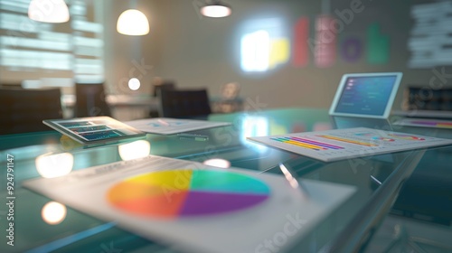 Wallpaper Mural An ultra-clear close-up of a glass-top conference table with business paperwork, colorful pie charts, and a tablet, illuminated by soft, overhead lighting from modern fixtures. Torontodigital.ca