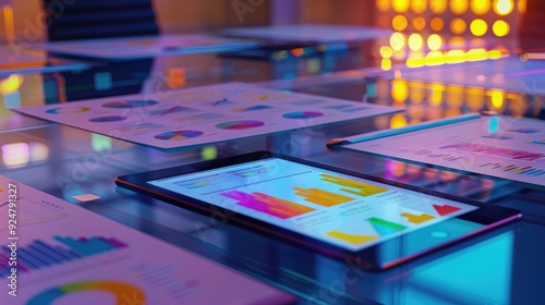 Wallpaper Mural An ultra-clear close-up of a glass-top conference table covered with business documents, colorful charts, and a tablet displaying business analytics, under the gentle glow of ambient lighting. Torontodigital.ca