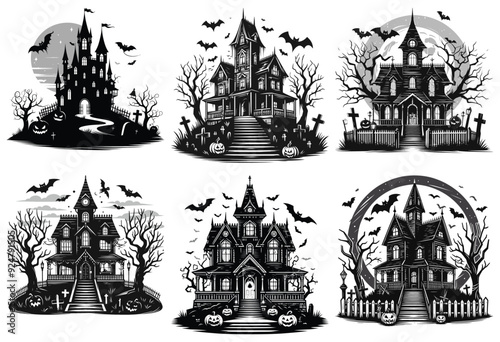 Gothic haunted houses illustration set, black and white, Halloween decorations and invitations