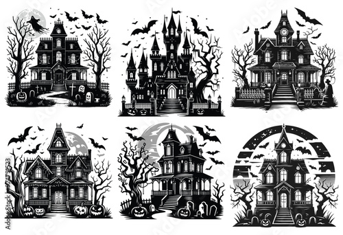 Spooky haunted houses illustration, black and white eerie Halloween theme, perfect for decoration