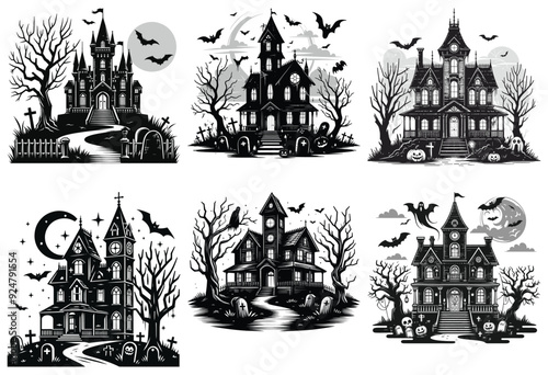 Spooky haunted houses illustrations in black and white night backgrounds for Halloween themes