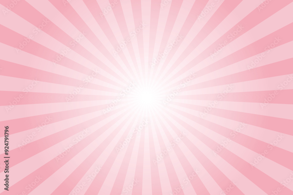 Pink background with white sun ray. Pattern of starburst. Abstract light brush pink texture with light of sunburst. Radial beam of sunlight. Retro background with flash. Design of sunbeams. Vector.	