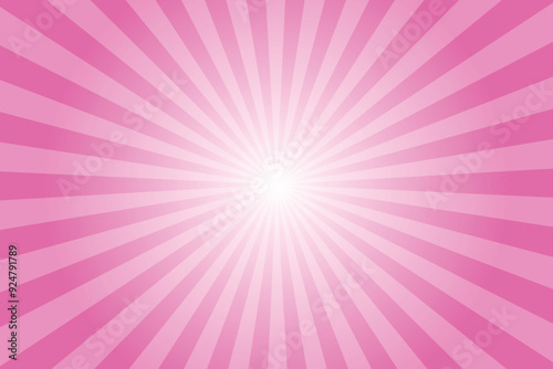 Pink background with white sun ray. Pattern of starburst. Abstract light deep pink texture with light of sunburst. Radial beam of sunlight. Retro background with flash. Design of sunbeams. Vector.	