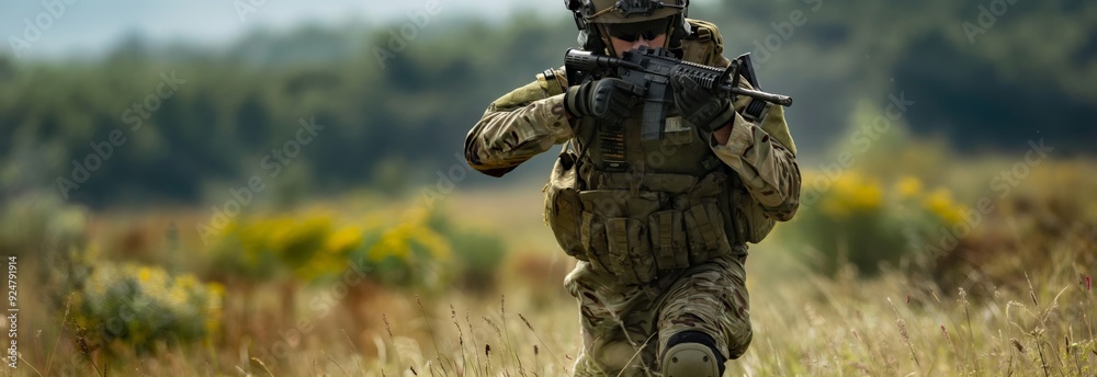 A soldier kneels and aims his rifle in a lush green field, illustrating focus and readiness in a tactical mission amidst a vibrant landscape. A soldier kneels and aims his rifle in a lush green field, illustrating focus and readiness in a tactical mission amidst a vibrant landscape.