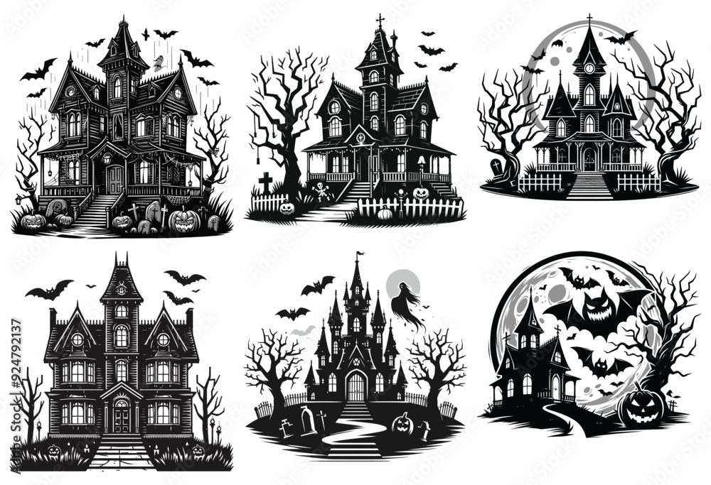 Gothic haunted house illustrations with bats, pumpkins, and ghosts, perfect for Halloween decor Gothic haunted house illustrations with bats, pumpkins, and ghosts, perfect for Halloween decor