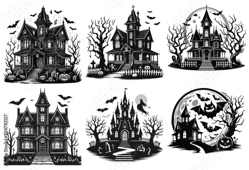 Gothic haunted house illustrations with bats, pumpkins, and ghosts, perfect for Halloween decor