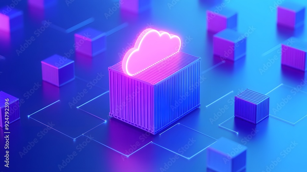 Futuristic data storage concept with glowing cloud icon and networked cubes, representing modern technology and cloud computing. Futuristic data storage concept with glowing cloud icon and networked cubes, representing modern technology and cloud computing.