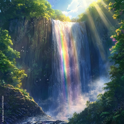 A Rainbow Cascade: The Enchanting Scenery of a Waterfall After the Rain, Sunbeams Piercing Through Mist to Create a Vivid Anime-Style Rainbow, storybook illustrations, comic strips, book illustrations photo