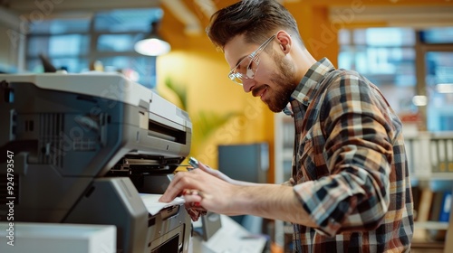 Technician repairing a printer in a busy office environment, professional and efficient service photo