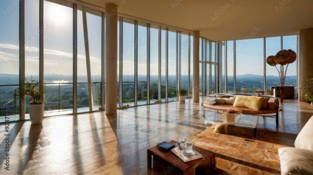 Fototapeta premium a large sunny room with wide views and a peaceful fee