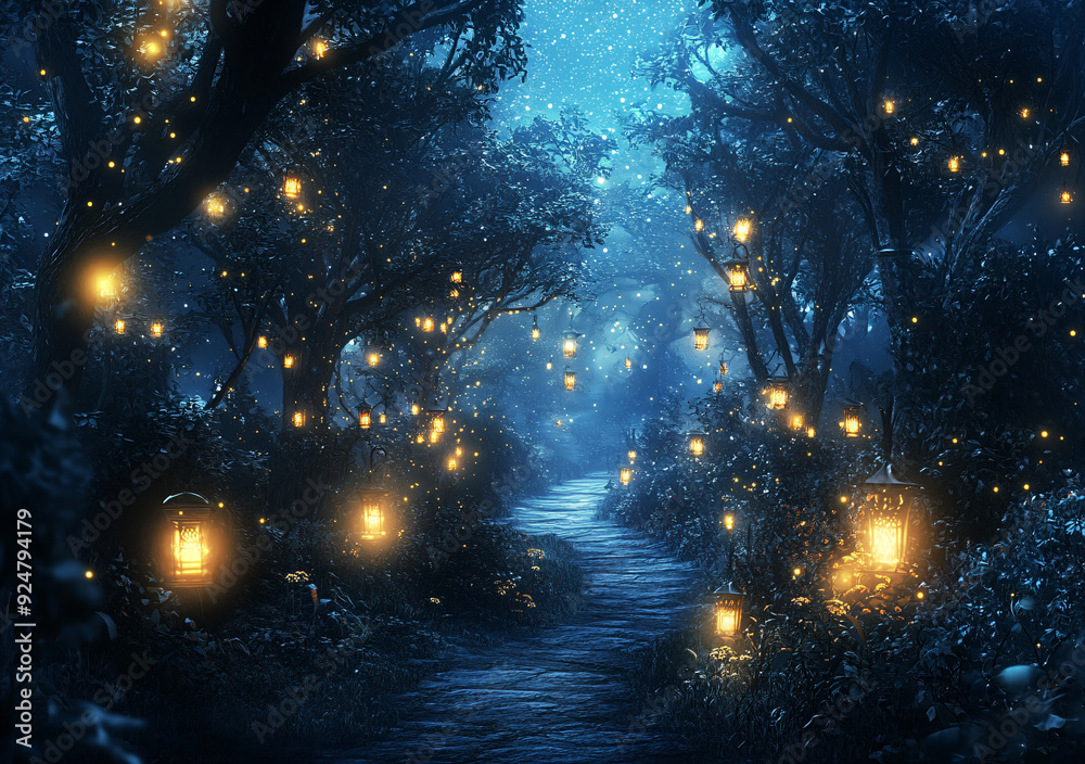 Enchanting Forest Path at Night with Lanterns. Enchanting Forest Path at Night with Lanterns.