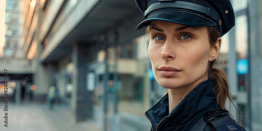 Portrait of a female police officer standing in an urban street. She is wearing a uniform, cap, and has a serious and confident expression on her face.. caucasian woman