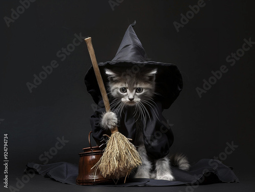 Cute cat kitten wears halloween costume isolated on black. photo