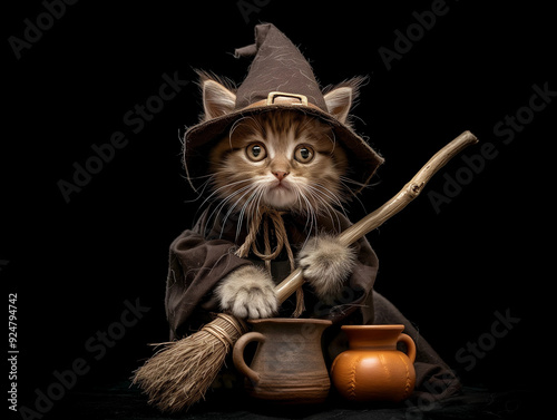 Cute cat kitten wears halloween costume isolated on black.