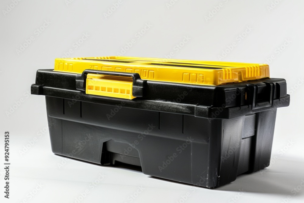 Black and yellow toolbox for storing tools. Industrial style. Practical. Perfect for home or professional use. Strong plastic construction ensures durability. Generative AI Black and yellow toolbox for storing tools. Industrial style. Practical. Perfect for home or professional use. Strong plastic construction ensures durability. Generative AI
