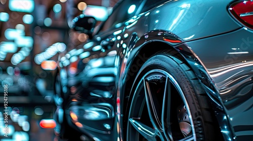 close-up of a car exterior display dealership, sleek shiny finish detailed view of the bodywork