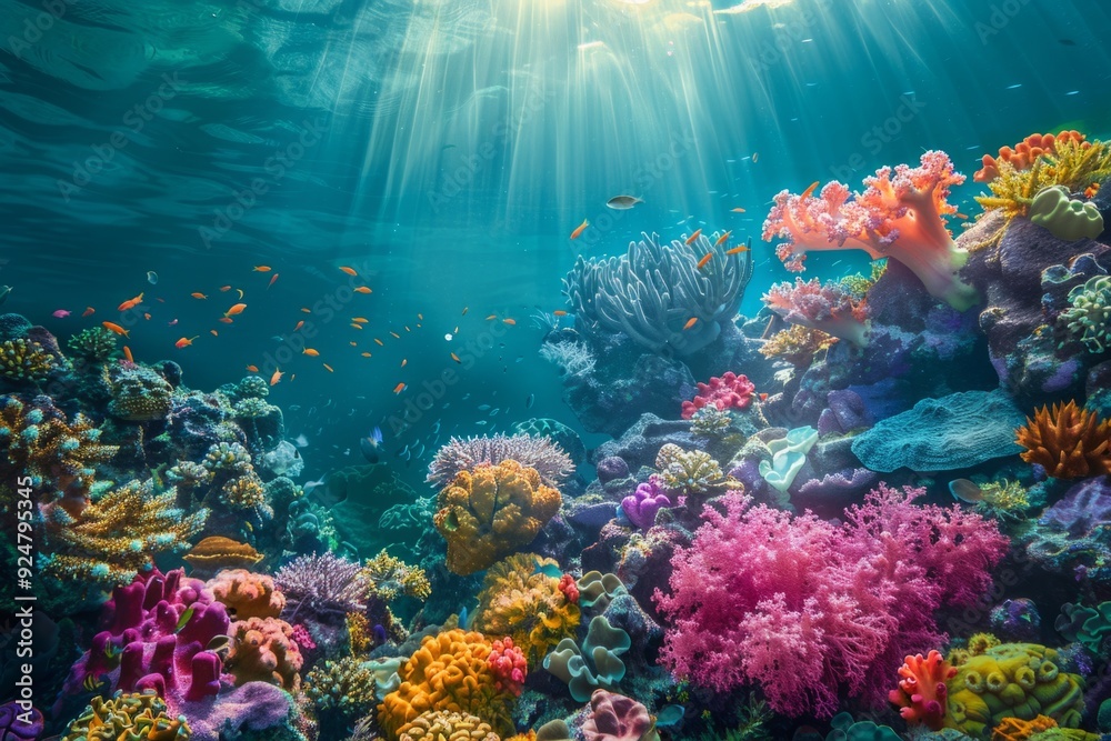 Naklejka premium Underwater coral reef, colorful marine scene. Vibrant ocean life and aquatic beauty. Great for nature projects, oceanic themes, and educational content. Generative AI
