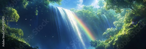 A Rainbow Cascade: The Enchanting Scenery of a Waterfall After the Rain, Sunbeams Piercing Through Mist to Create a Vivid Anime-Style Rainbow, storybook illustrations, comic strips, book illustrations photo