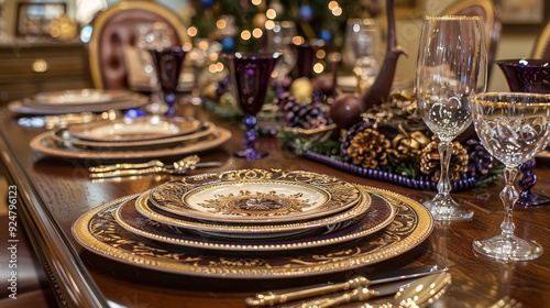 Golden Plates, Crystal Stemware, And Festive Decorations Create Luxurious Holiday Table Setting.