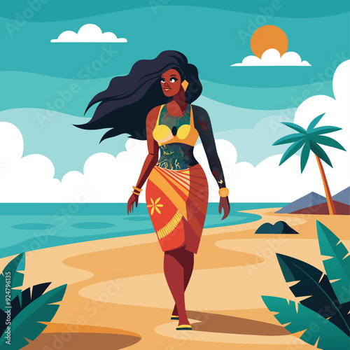 Woman in Afro-Colored Dress Walking on the Beach Illustrator Artwork