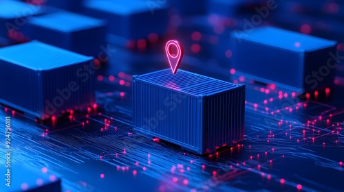 Futuristic logistics and supply chain concept with 3D-rendered containers and glowing location pin symbolizing tracking technology.