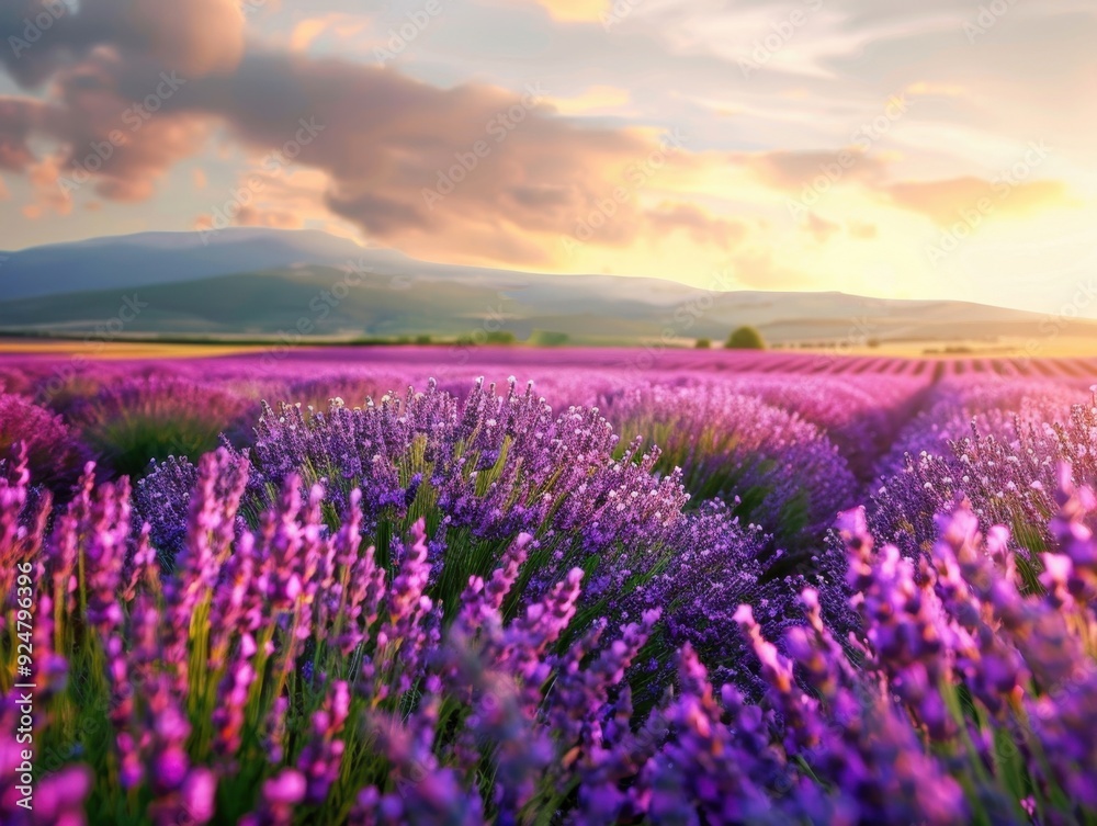 Lavender fields in bloom at sunset with rolling rows of purple flowers