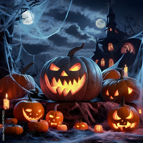 A group of pumpkins sitting in front of a castle