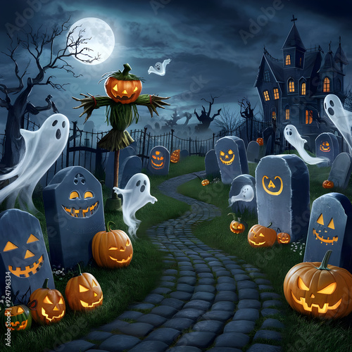 A cemetery with tombstones and pumpkins in front of a full moon
